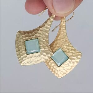 Earrings Hammered Stainless Steel Gold Color Earrings Blue Cubic Zircon